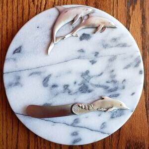 Dolphin‎ Alabaster Marble Cheese Board w/ Knife Spreader 8" Round